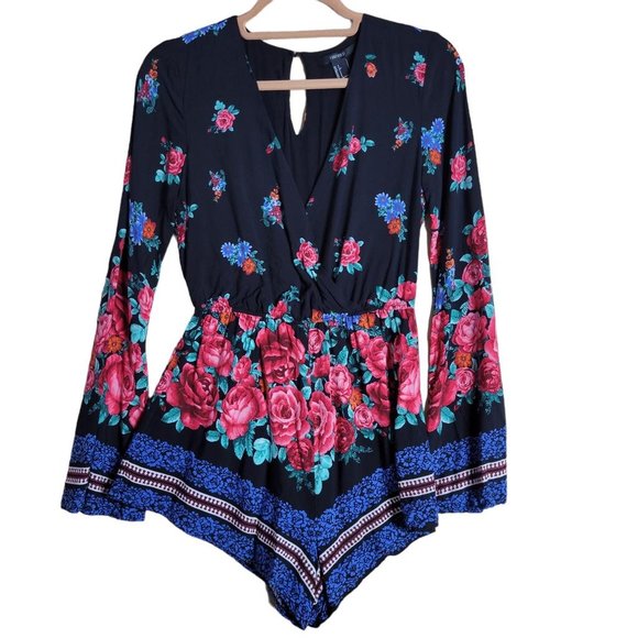 Forever 21 Black Floral Boho Lined Bell Sleeves Romper Women Size S - Picture 3 of 11